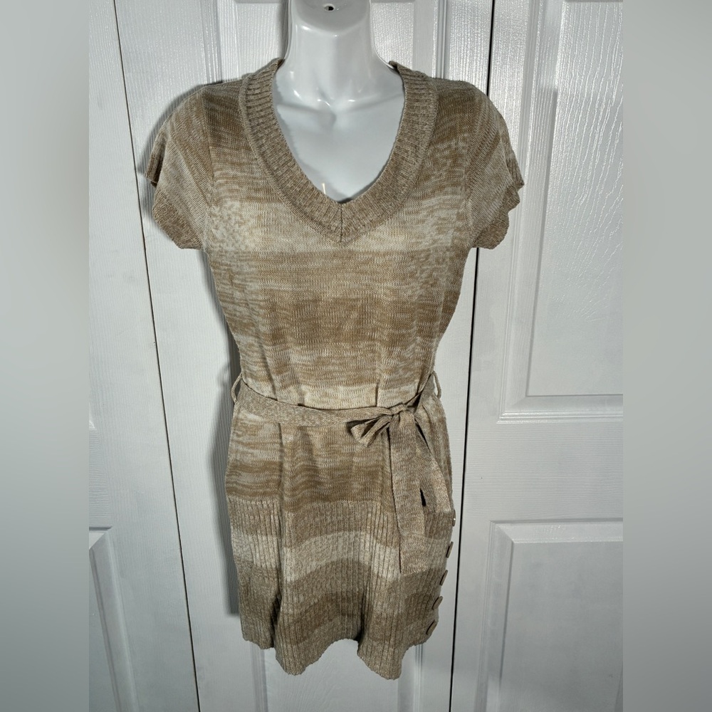Red Paint Cream Striped Button Detail Belted Tunic Top